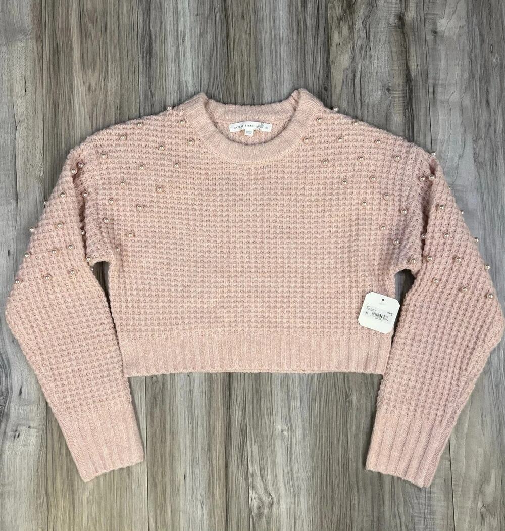 Altar'd State AS Sweater Rose Smoke Faux Pearl Embellished Knit Womens Small NEW